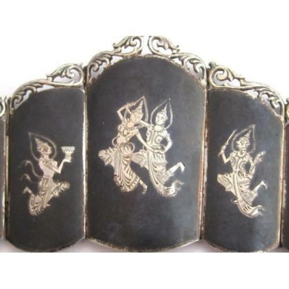 Vintage Made‎ In Siam Black Enamel Goddess Panel Heavy Sterling Silver Bracelet